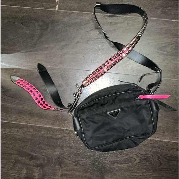 Prada Black/ Hot Pink Nylon Shoulder Bag with Studding - Picture 3 of 14